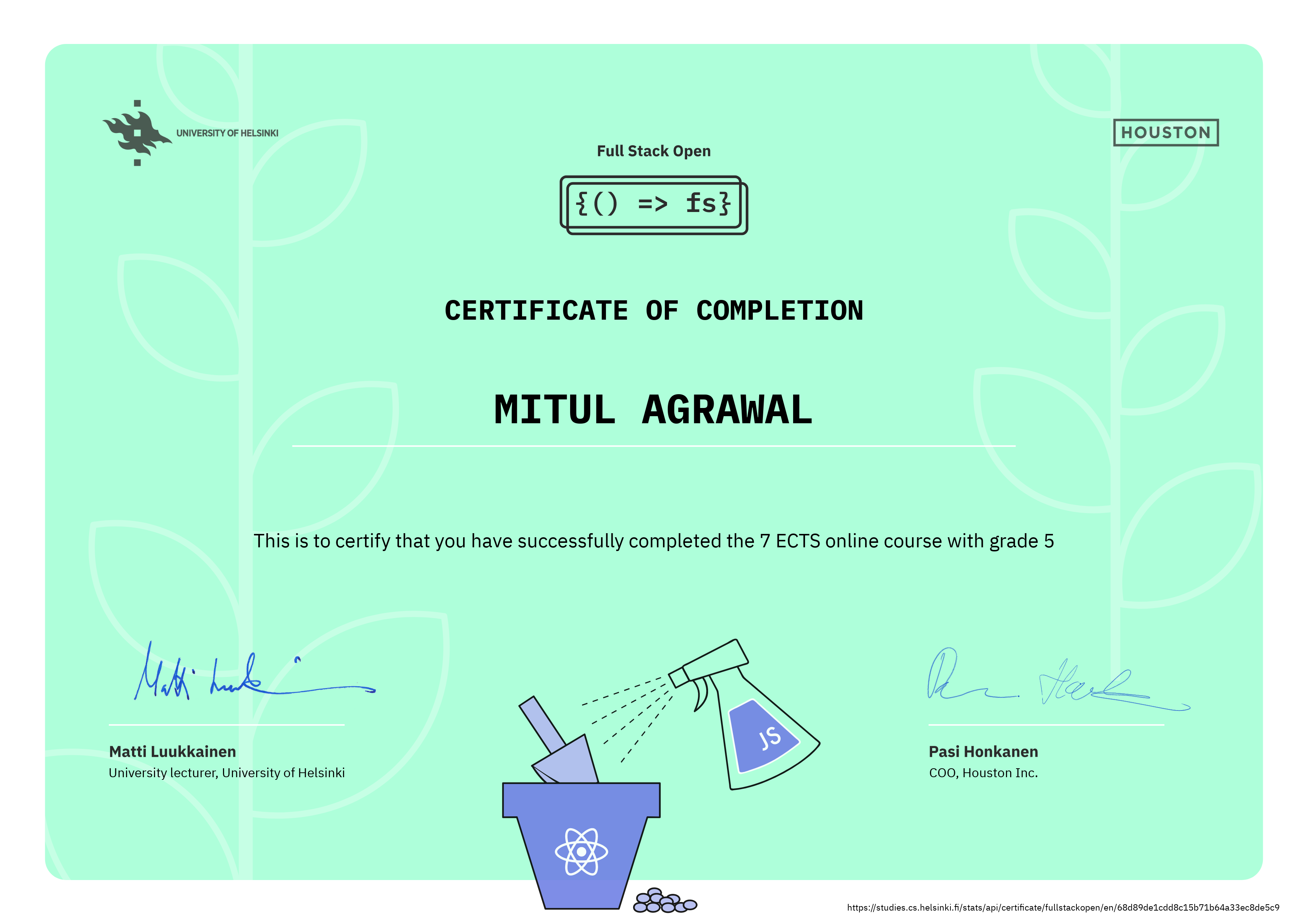 Certificate Mitul Agrawal Full Stack Open 2022